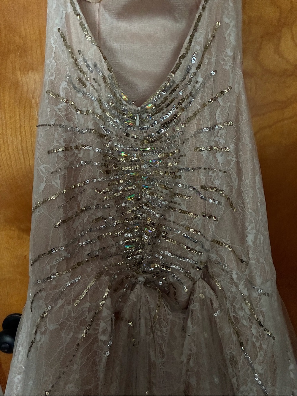 Embellished Lace Prom Gown in cream with Blush underlay